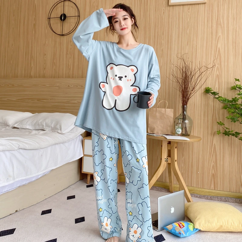 大码针织棉长袖睡衣女春秋胖mm200斤休闲宽松薄款长袖家居服套装