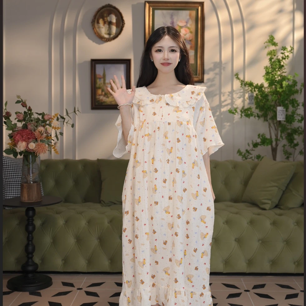 夏季薄款纯棉女士大码睡裙家居裙双层棉纱韩版家居休闲长裙可外穿