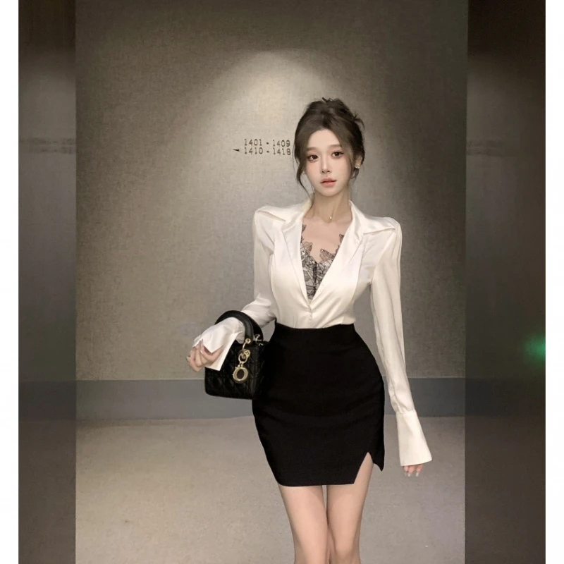 御姐气质女神范韩里韩气早秋穿搭一整套装缎面衬衫半身裙子两件套