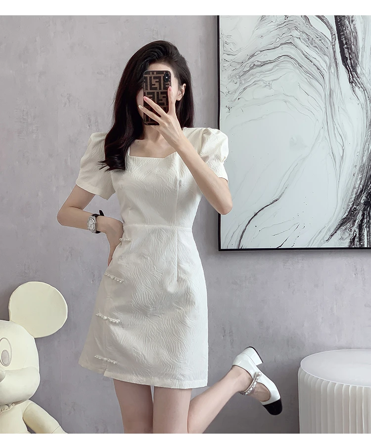 新中式盘扣改良旗袍裙女夏季法式气质高级感提花白色连衣裙小个子