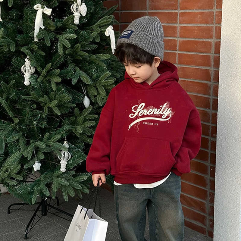 男童加绒连帽卫衣秋冬款2024新款冬装加厚一体绒儿童冬季上衣红色