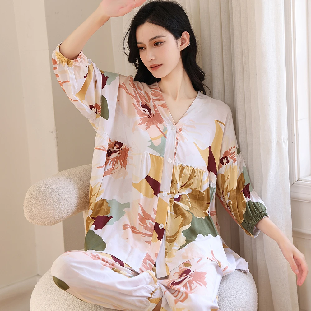 夏季宽松v领棉绸套装透气睡衣可外穿夏款女士家居服大码韩版中袖