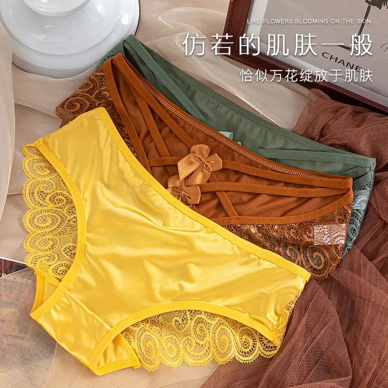 性感蕾丝女士内裤纯欲蝴蝶花交叉带透气低腰三角内裤女时尚诱惑