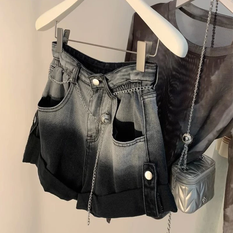 300斤大码女装韩版渐变松紧腰牛仔短裤女胖mm宽松显瘦百搭热裤子