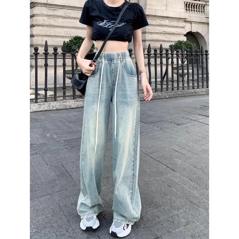 胖mm大码女装夏季新款阔腿裤柔软松紧腰抽绳宽松修身直筒牛仔裤女
