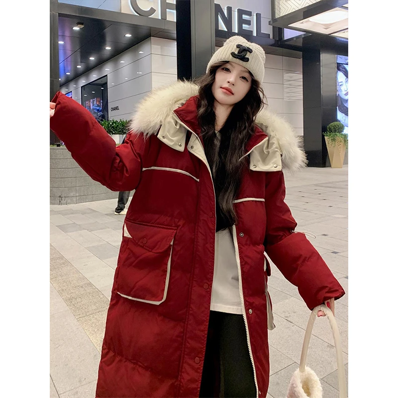 胖mm大码女装红色大毛领棉服女冬季加厚长款过膝连帽面包服外套女