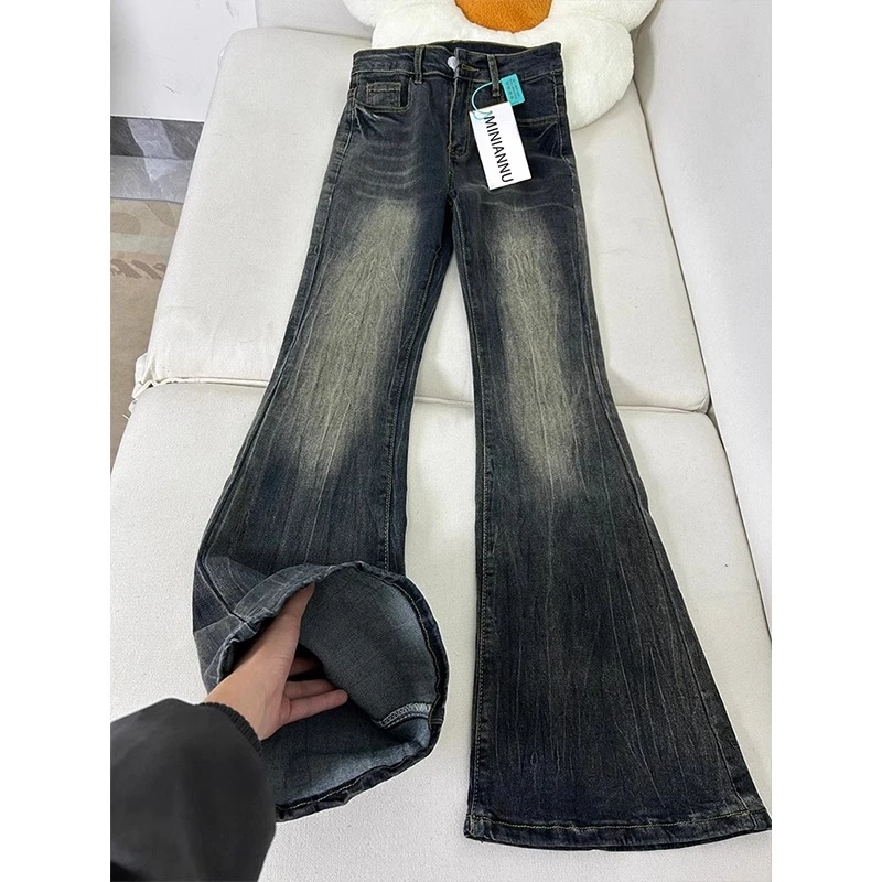 300斤大码女装美式微喇牛仔裤女胖mm秋季弹力裤子复古显瘦阔腿裤