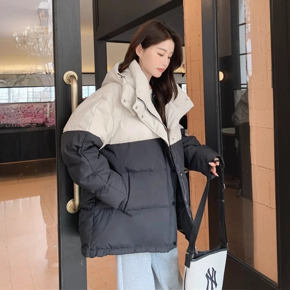 大码女装撞色加厚连帽棉服女胖mm面包服冬季加厚设计感保暖外套女