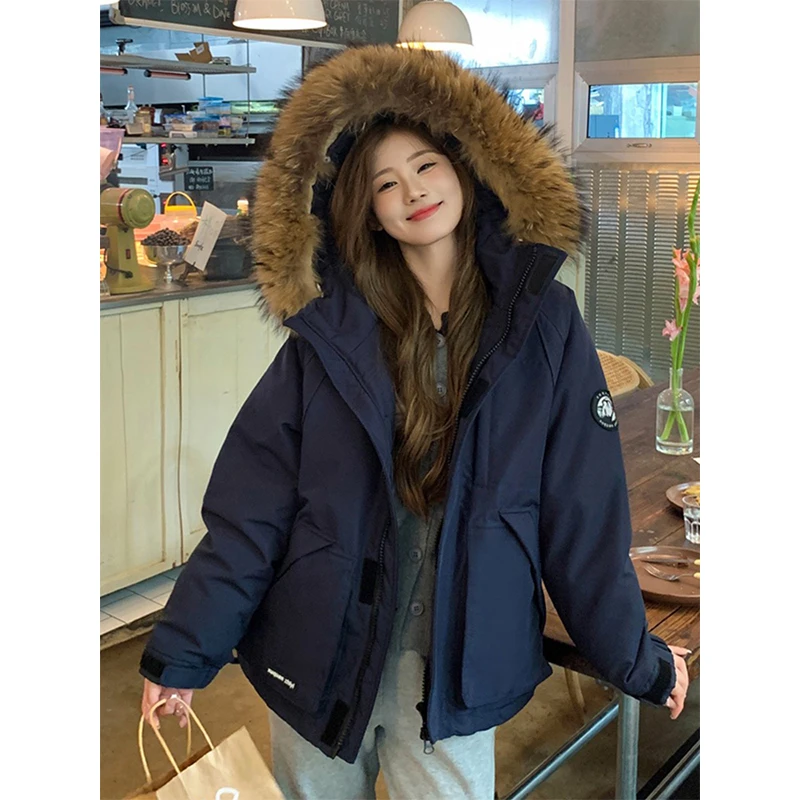 特大码女装藏青色复古百搭加厚夹棉工装外套女胖mm大毛领连帽棉服