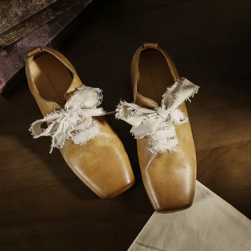 高智淡人水洗马皮春秋新中式复古小皮鞋女平底真皮英伦风方头单鞋