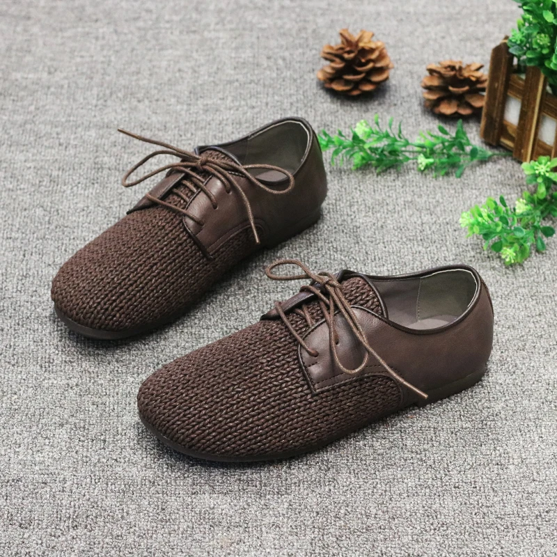 春季新款舒适手工编织圆头系带平跟软底单鞋百搭休闲文艺复古女鞋