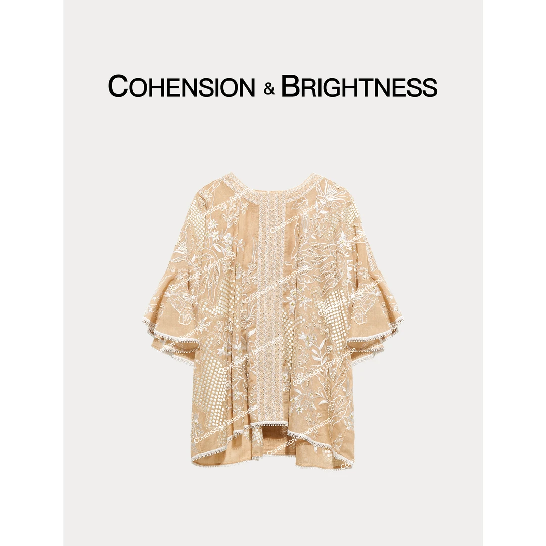 凝慧真的好【锦园瑰梦】早春刺绣钉珠喇叭袖桑蚕丝衬衫CP012