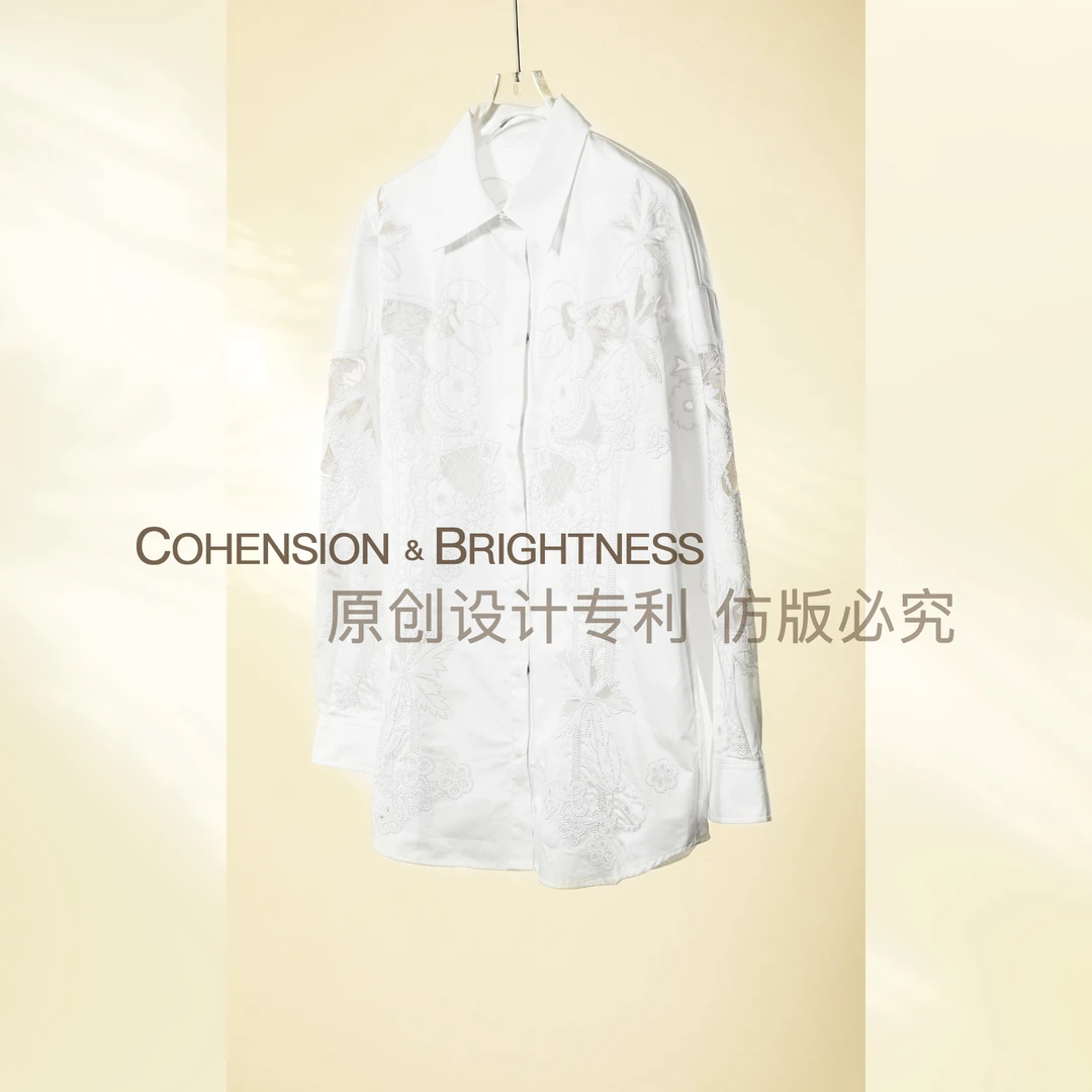 凝慧 秋季气质简约翻领镂空白色百搭时尚衬衫上衣CO066