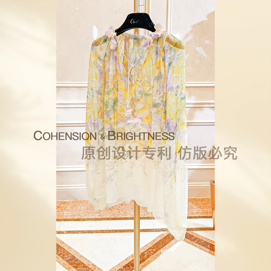 凝慧真的好【风铃雏菊】春夏桑蚕丝花卉印花系带衬衫CP085