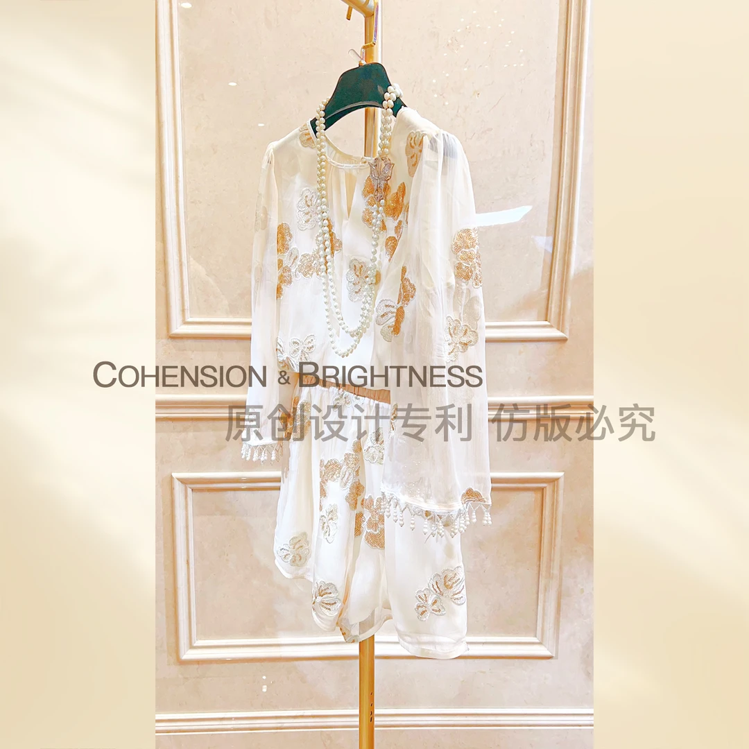 凝慧真的好【福韵金叶】夏季系带珍珠流苏刺绣新中式套装TP121