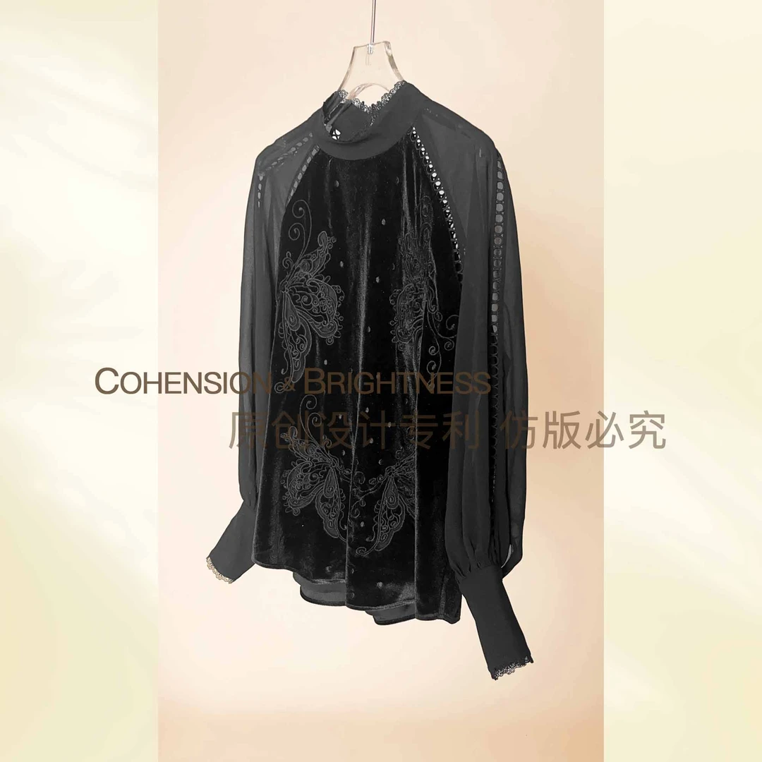 凝慧真的好【清风铃兰】时尚紫色提花丝绒衬衫套头长袖打底衫CO119