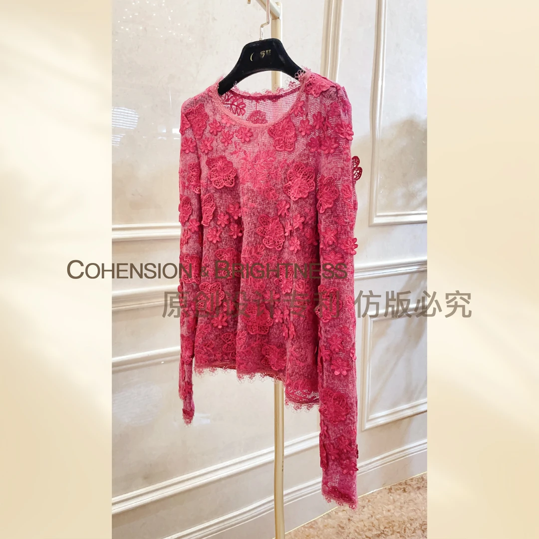 凝慧真的好【殷红花海】秋季时尚法式立体花朵百搭毛衣CQ021