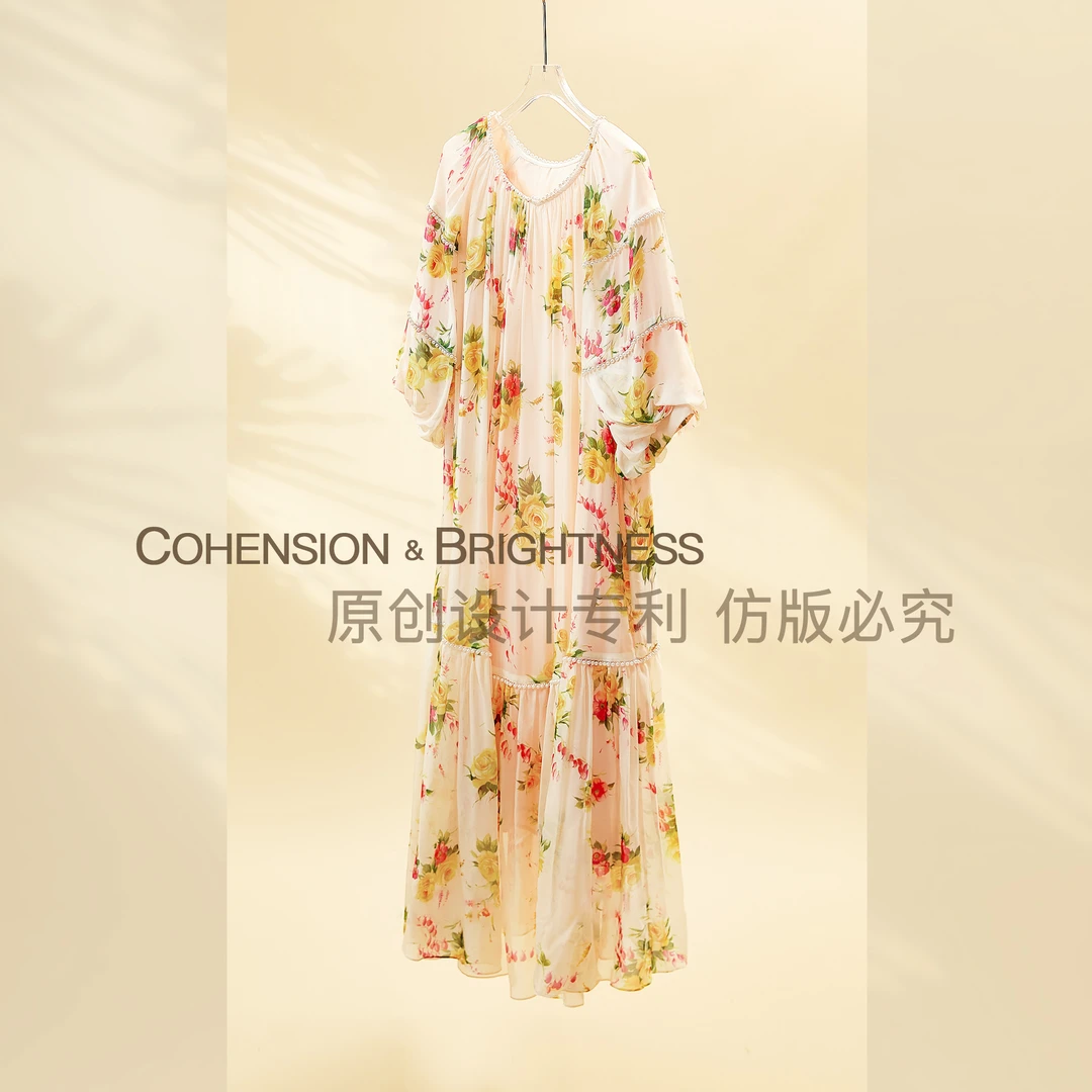 凝慧【玫瑰庄园】夏季新款度假风玫瑰印花宽松连衣裙LN118