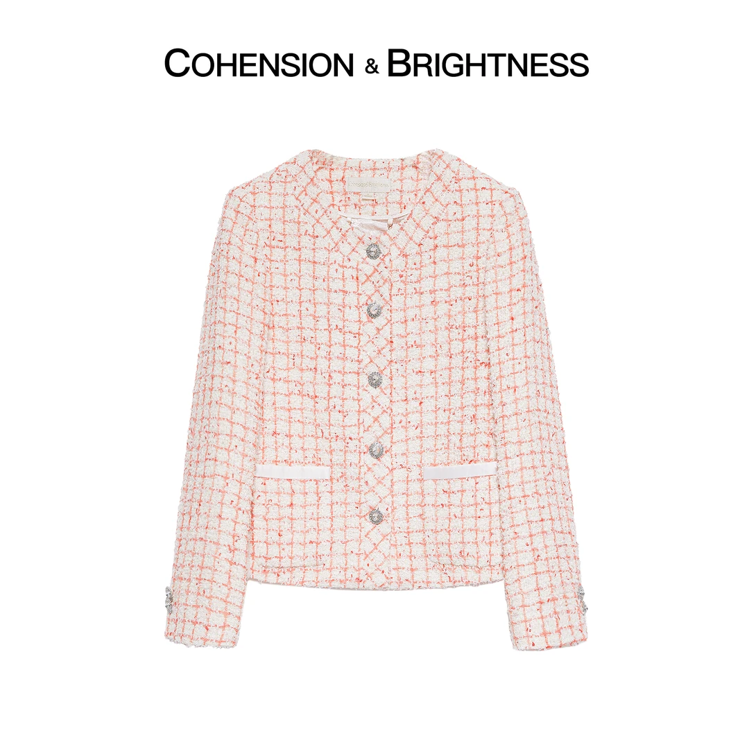 凝慧真的好【邂逅优雅】早秋小香风粉色气质时尚格纹外套YP210