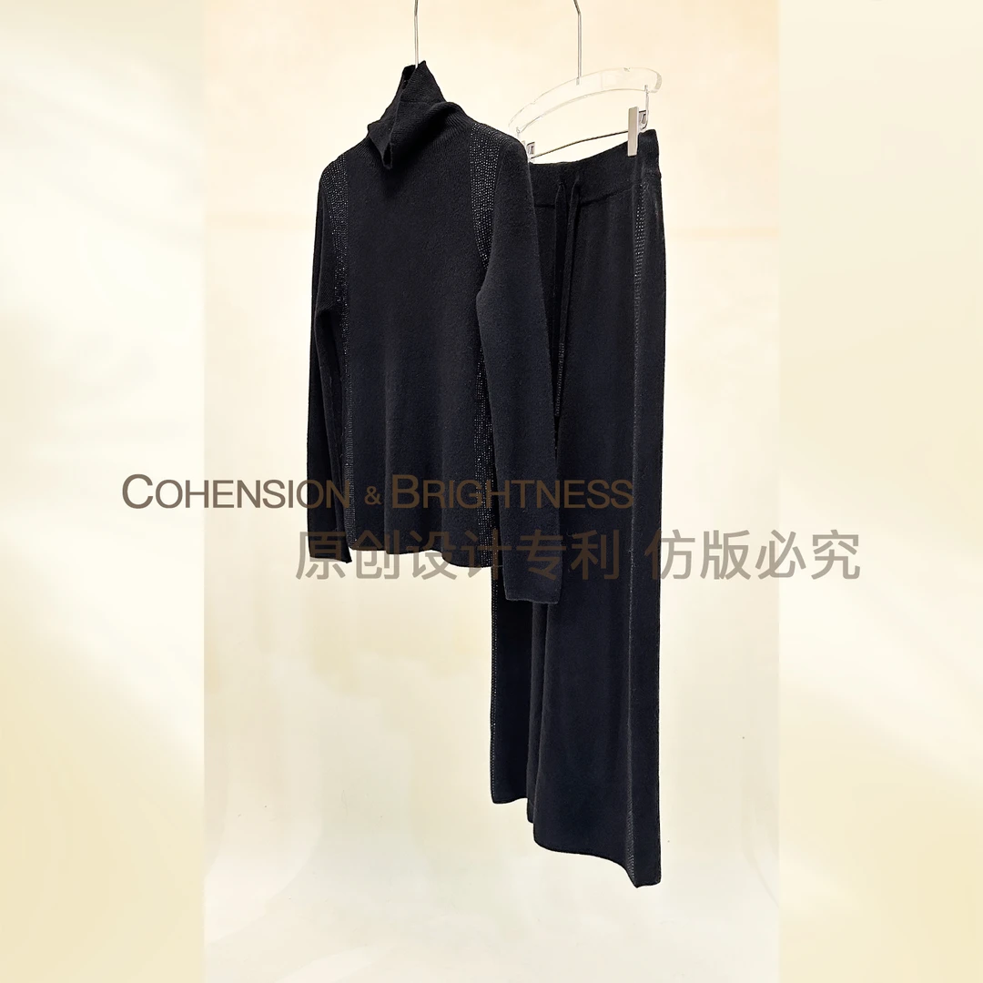 凝慧真的好【极简主义】毛衣套装秋冬新款高领烫钻时尚两件套TO665