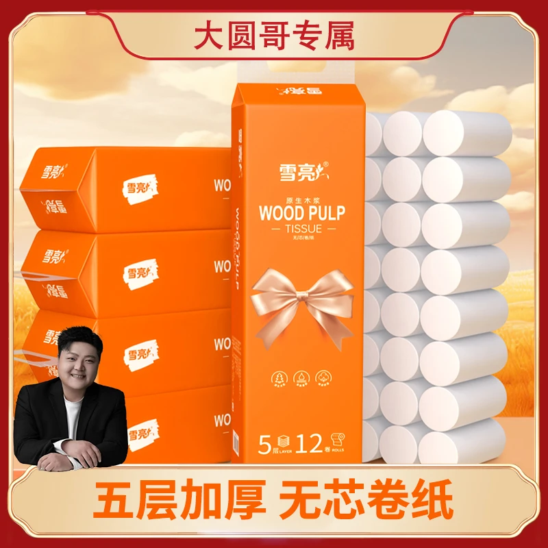 雪亮12卷便携装无芯雕花卷纸家庭装五层加厚卫生纸可湿水批发厕纸