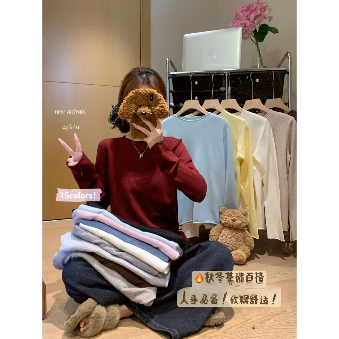 2024秋冬韩版气质百搭圆领宽松纯色基础内搭打底长袖针织衫上衣