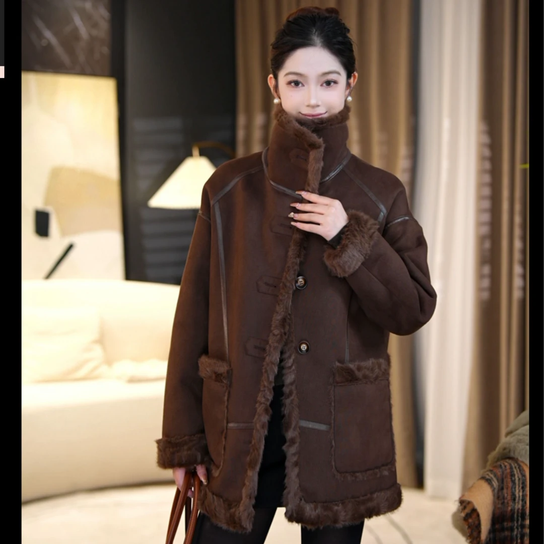 海宁时尚新款双面双穿冬季气质优雅设计师版拼接中长款外套轻奢