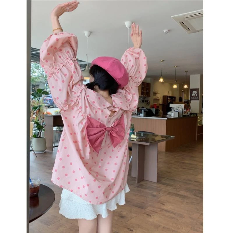 大码女装法式甜美娃娃领波点长袖春日衬衫微胖mm宽松显瘦遮肚上衣