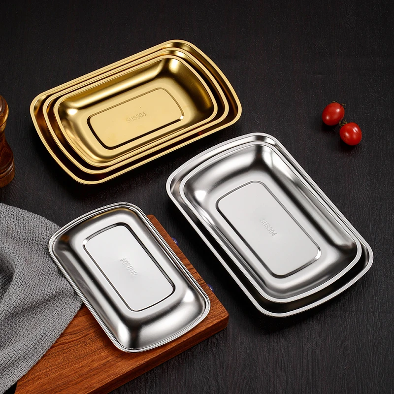 韩式不锈钢烤肉平底方盘餐厅高档点心碟烧烤小吃拼盘精美摆件托盘