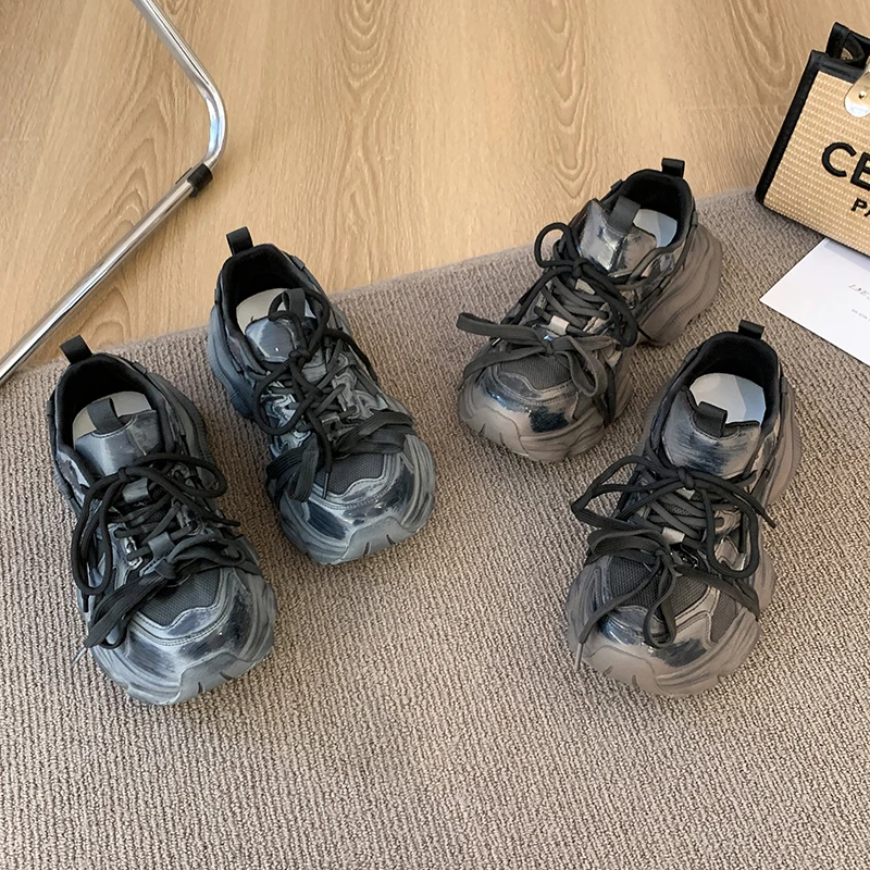 贾不假网红时尚女鞋百搭网面透气休闲运动鞋软底厚底黑色老爹鞋潮