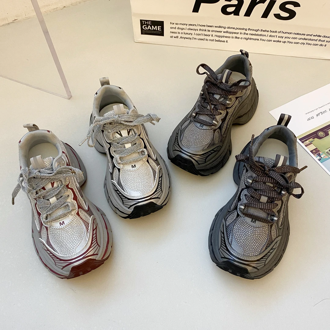 贾不假银色老爹鞋女款2024秋季新款百搭透气小个子增高厚底运动鞋