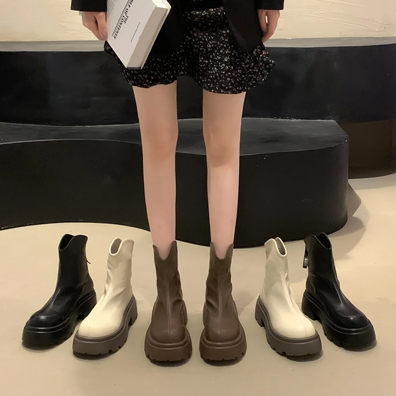 【贾不假】粗跟短靴女夏2023年新款时尚百搭法式显瘦复古切尔西靴
