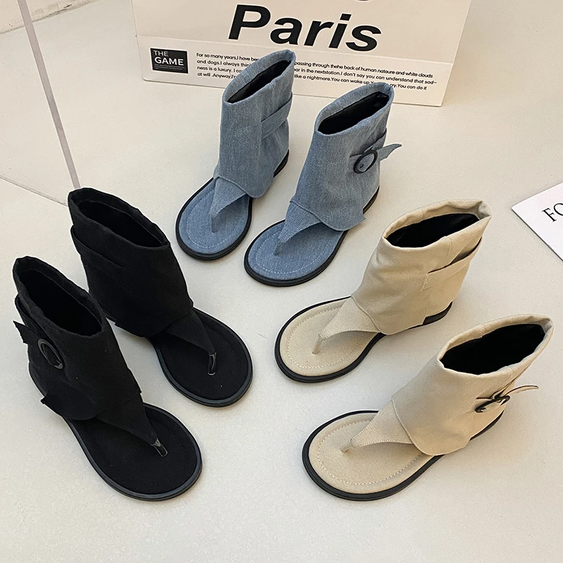 贾不假夹趾凉鞋女2024年防滑网红时尚气质扣带百搭平底牛仔布凉靴