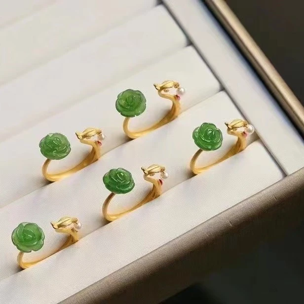 天然和田玉碧玉玫瑰花凤凰开口戒指PS0061