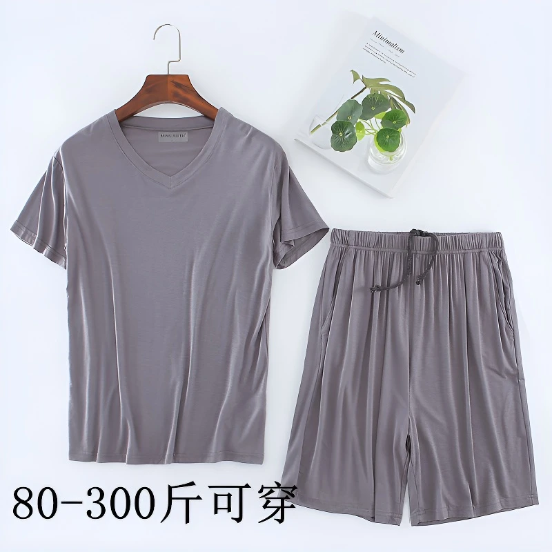 舒眠薄款【莫代尔】男士凉感简约短袖短裤加肥加大码睡衣家居服套装