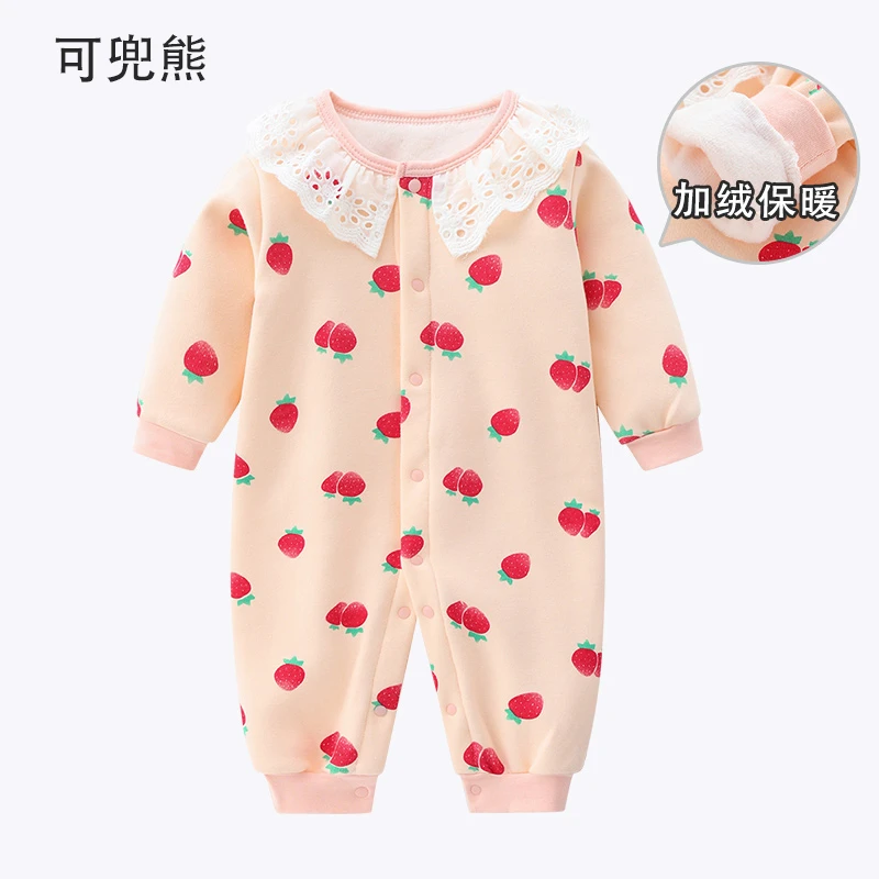 婴儿秋冬新款加绒连体衣新生儿冬季女宝宝0-4岁洋气保暖外出服