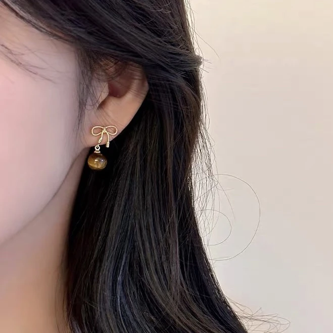 合金耳饰 美拉德色系蝴蝶结耳环独特小众设计轻奢高级虎眼石耳饰
