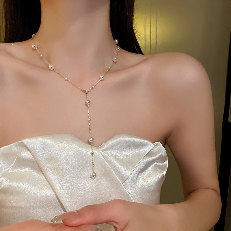 合金仿珍珠项链 满天星Y字流苏珠珠项链颈链女款气质设计感锁骨链