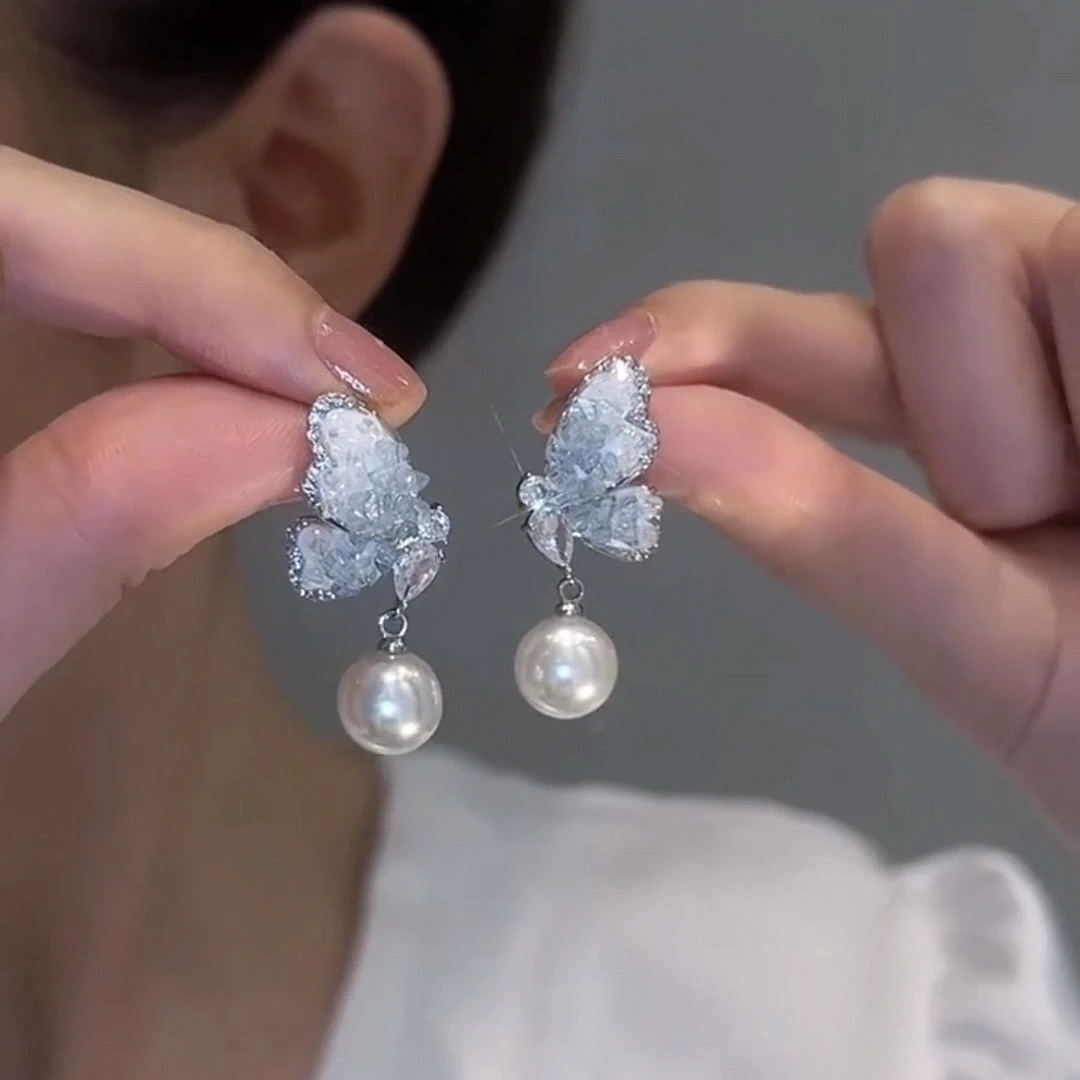 铜合金仿水晶耳饰 蓝色蝴蝶耳环2025新款女森系风小众设计高级感