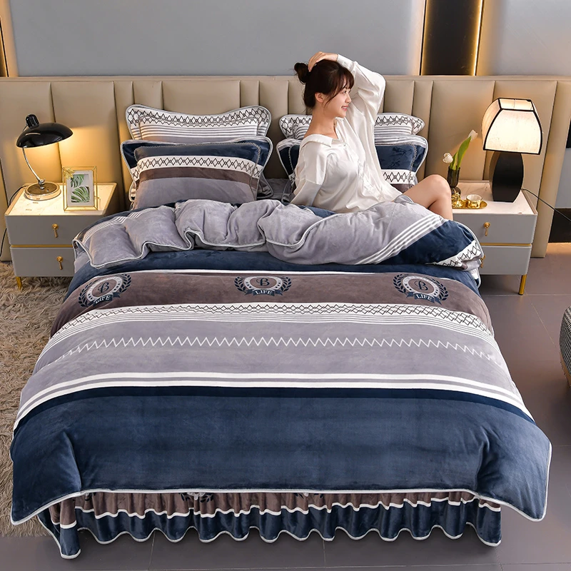 牛奶绒四件套入冬神器公主风印花床上用品床裙加厚双面加绒被罩床