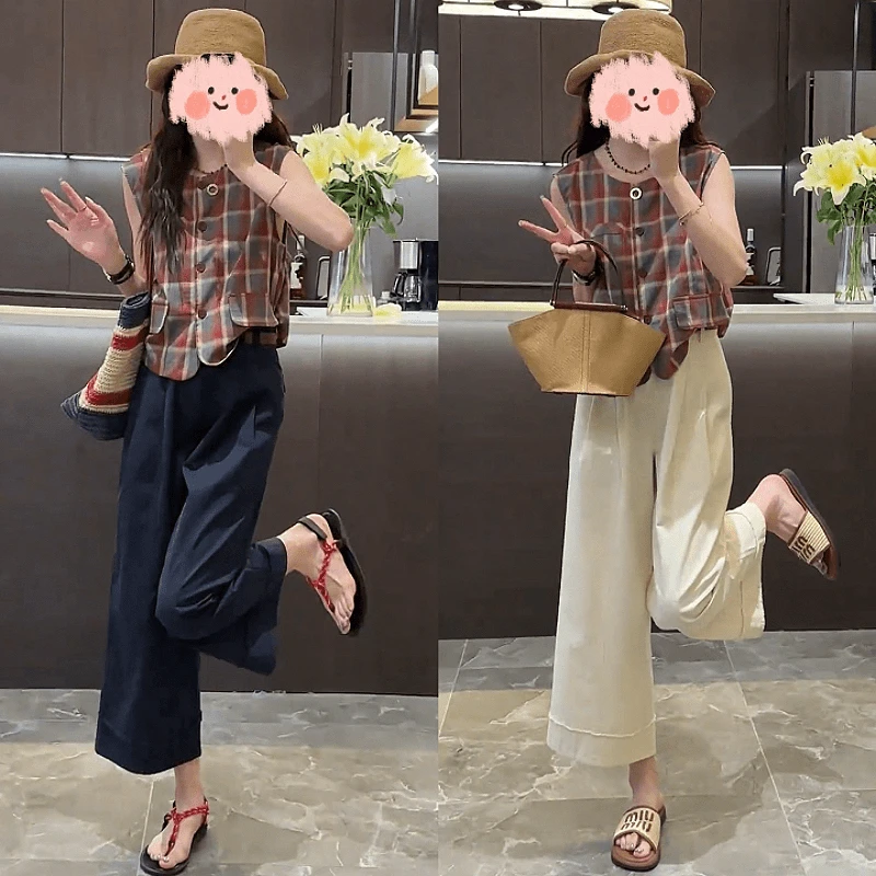 衬衫套装阔腿裤洋气时尚夏季减龄格子短袖女装上衣显瘦气质休闲