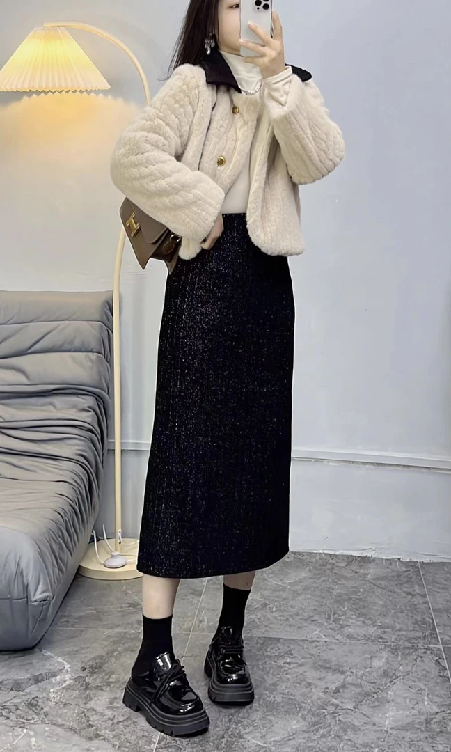 「璀璨星河」韩版财阀千金小香风气质高雅中长款设计开叉半身裙