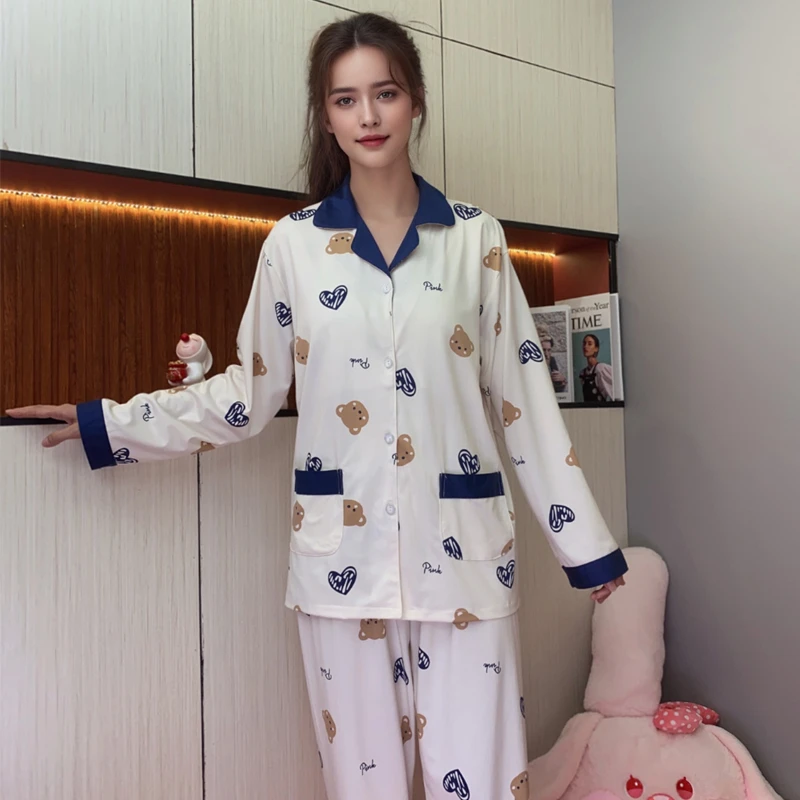 【带胸垫】秋季新款睡衣女新款甜美风开衫长袖长裤两件套装女家居服