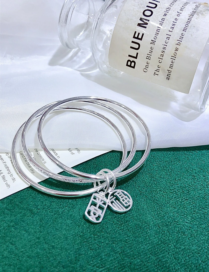 足银手镯 简约时尚万足999.9手镯来三生三世两光一沙闭口手镯