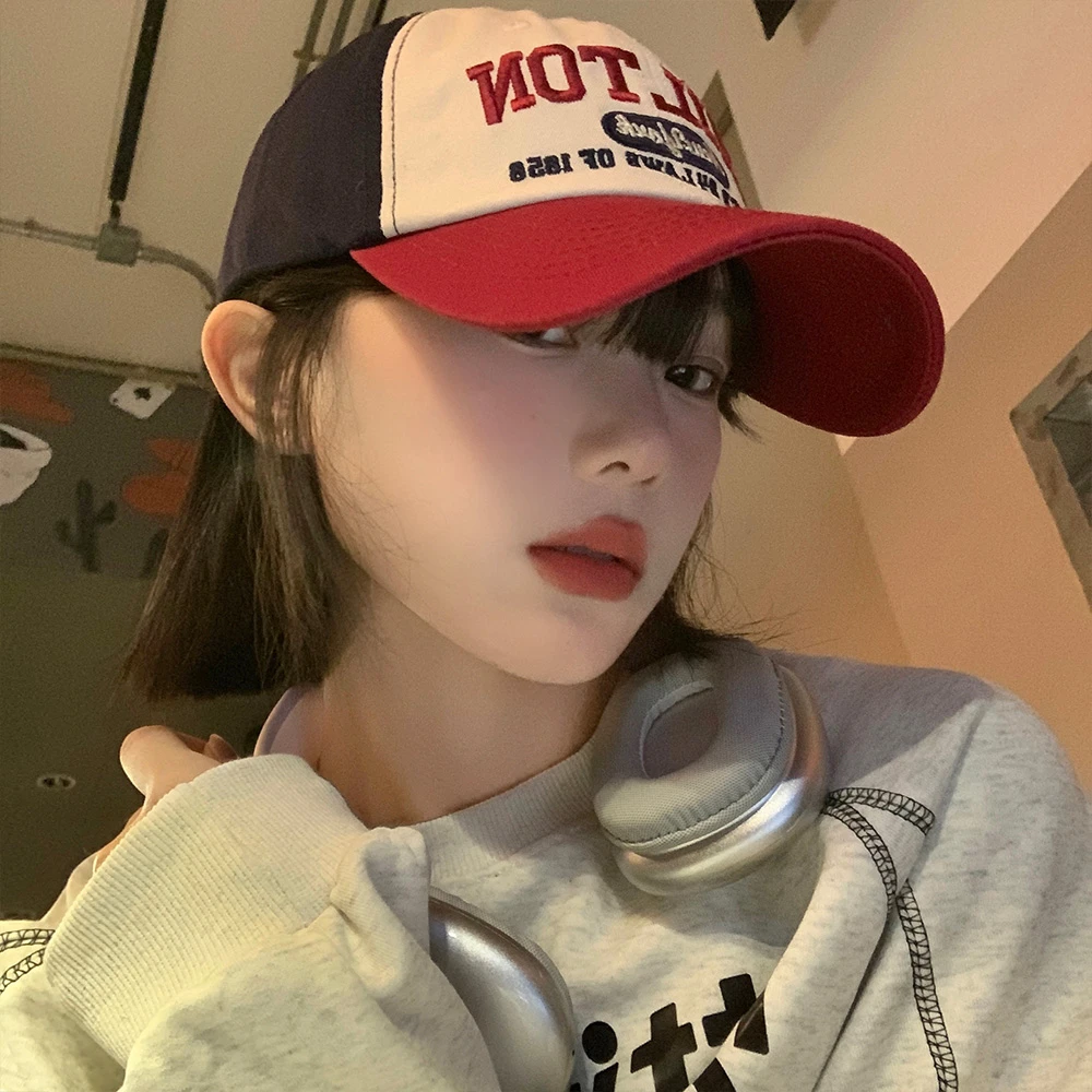 拼色字母棒球帽女美式复古百搭宽帽檐大脸鸭舌帽大头围显脸小帽子