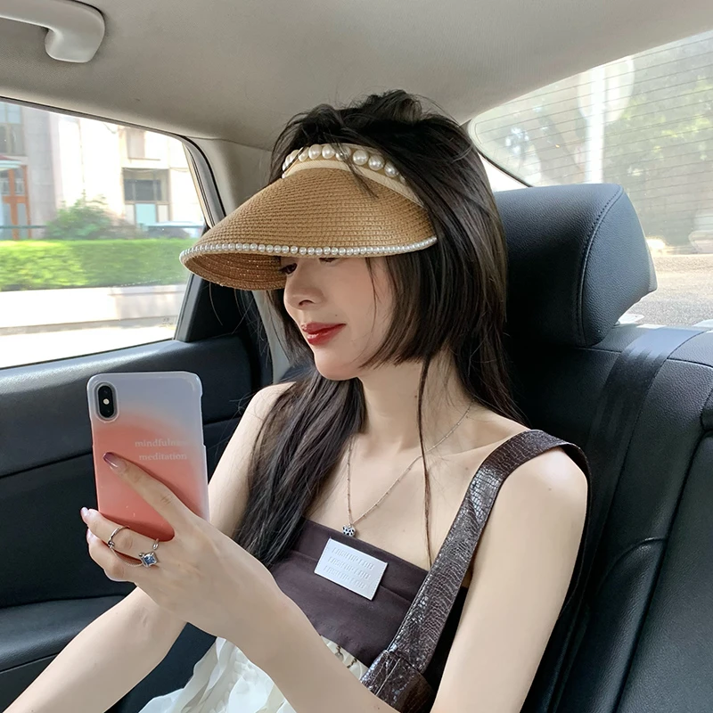 草编珍珠遮阳帽发箍空顶草帽女夏季发卡无顶遮脸防晒太阳帽子户外