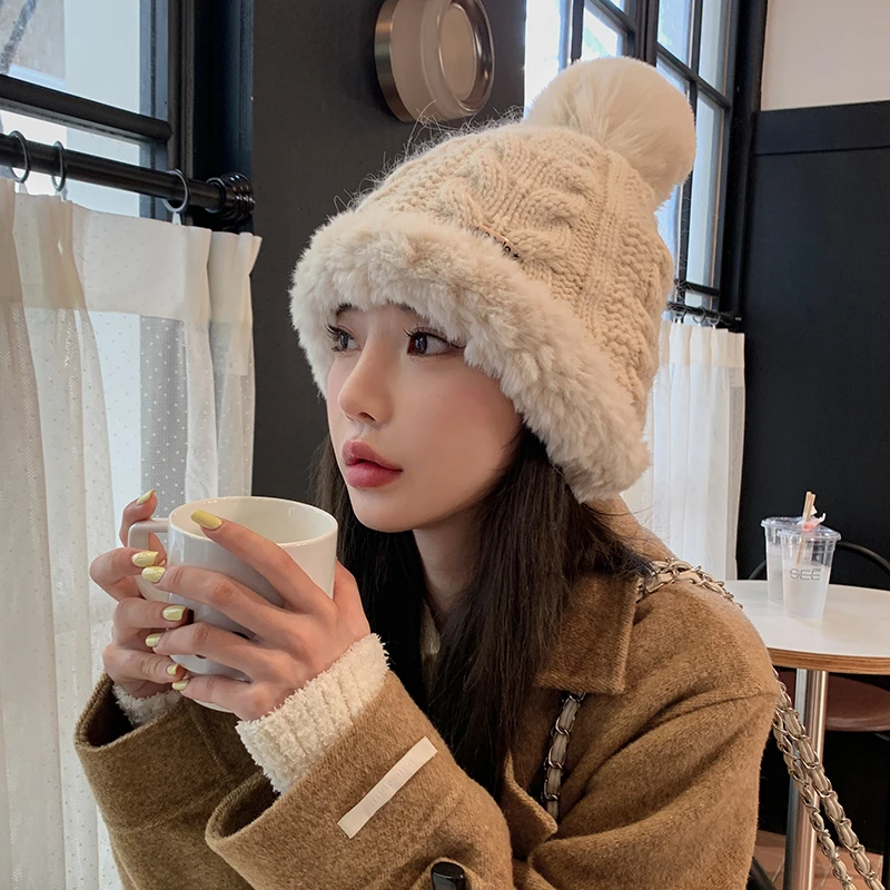 毛球针织帽子女秋冬大头围加厚加绒毛线帽骑车防寒护耳包头冷帽潮