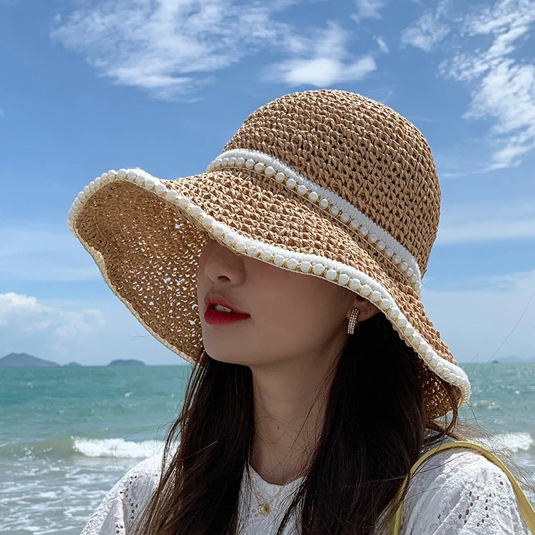 帽子女编织珍珠草帽夏季薄款遮阳防晒海边沙滩渔夫太阳帽凉 月