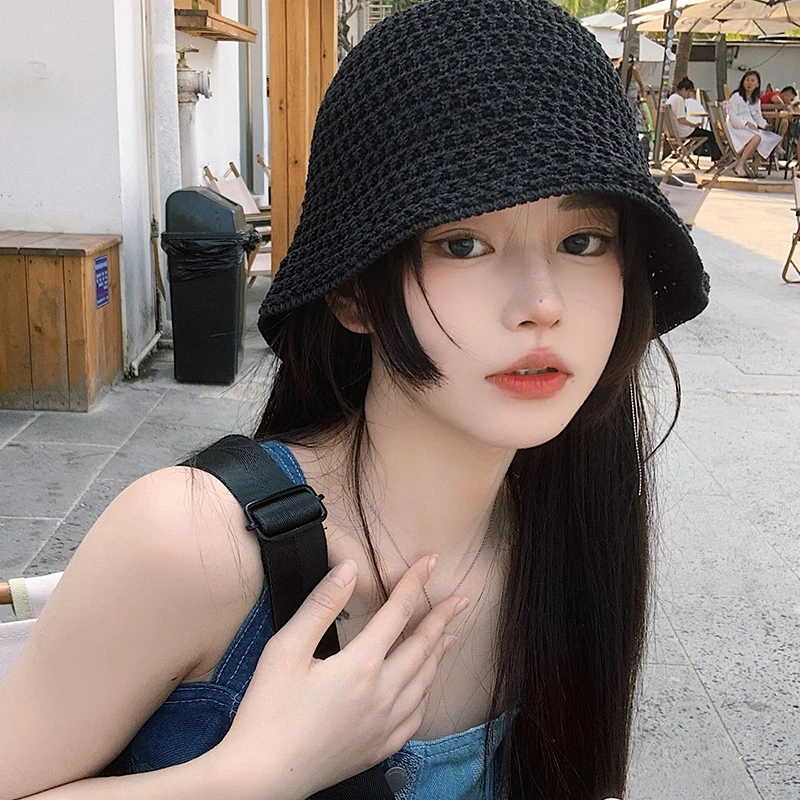 编织渔夫帽女夏季薄款透气日系显脸小水桶盆帽黑色韩版大头围帽子