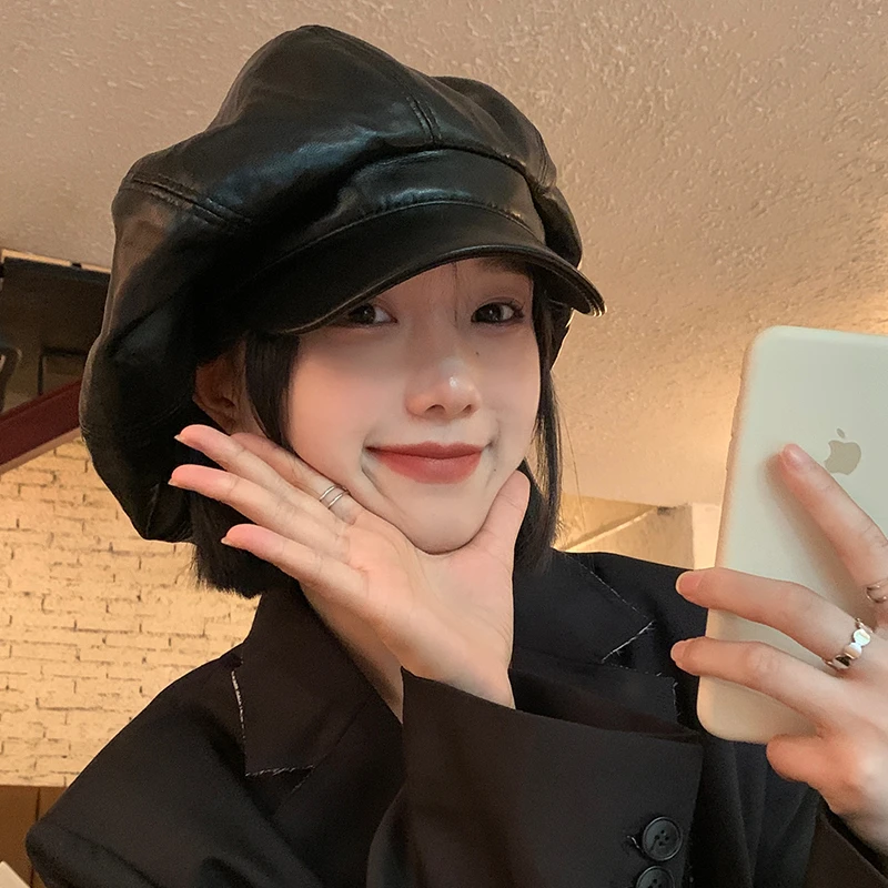 pu皮质超大贝雷帽女秋冬季日系大头围云朵八角帽黑色显脸小帽子潮